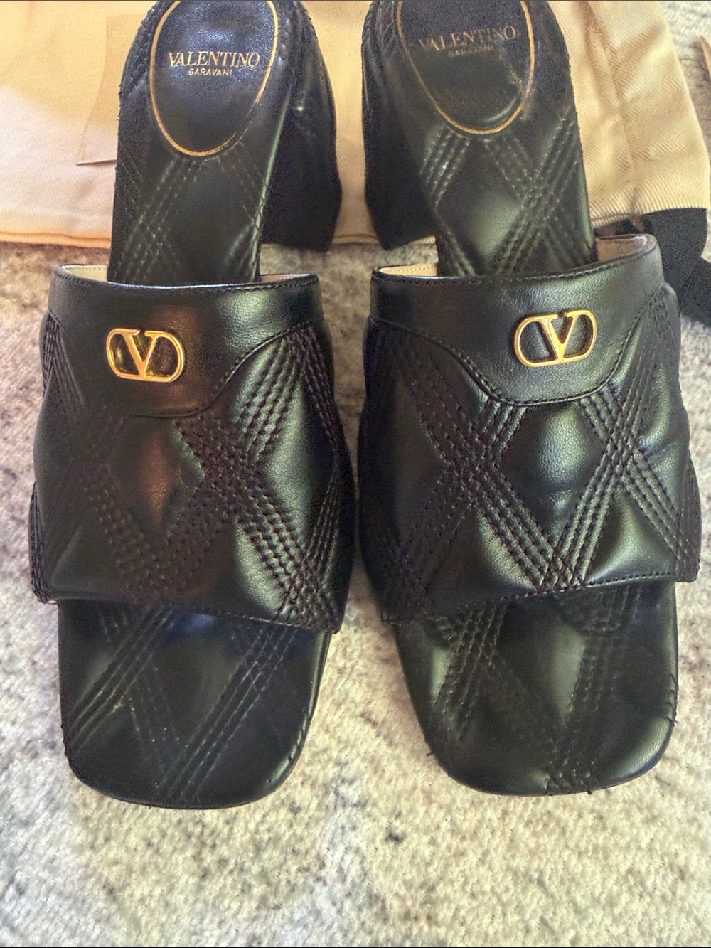 Valentino Black Quilted Leather Logo Slide Sandals with Gold Emblem
